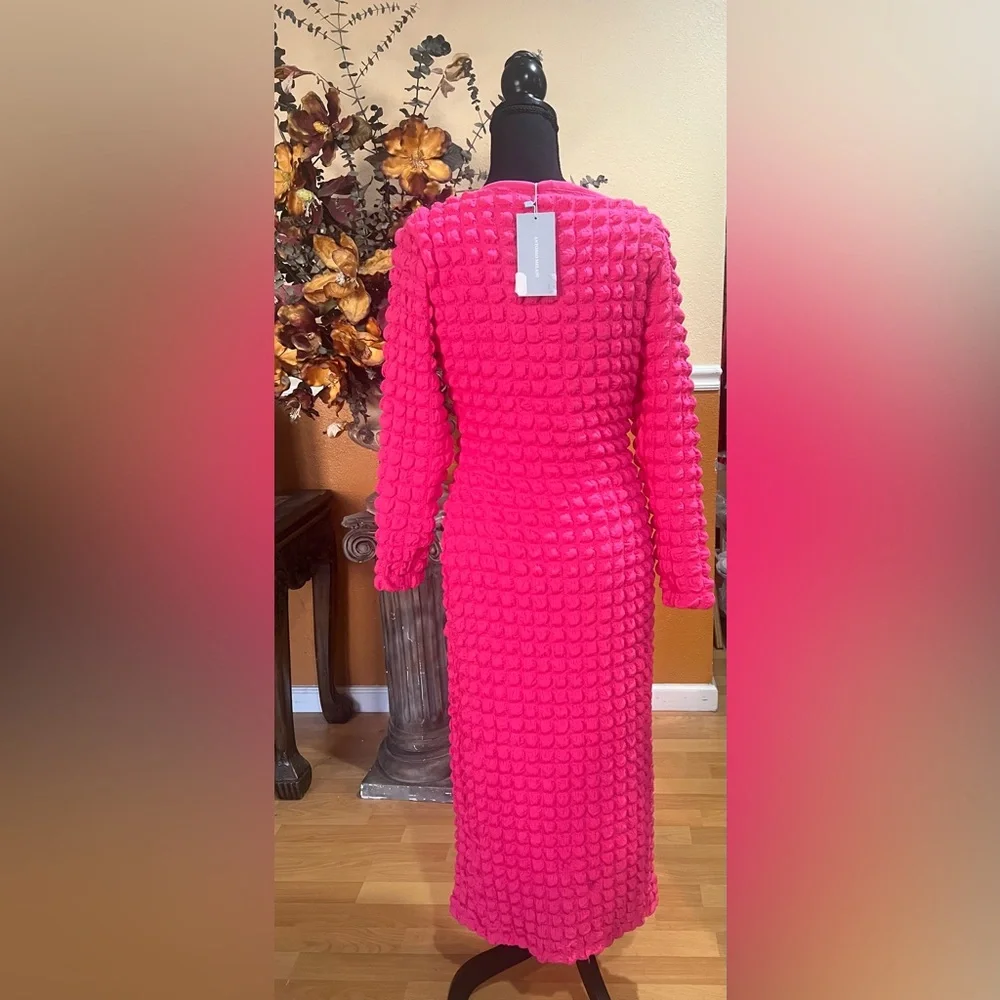 ANTONIO MELANI Bubble Smocked Knit Square Neck Long Sleeve Midi Bodycon Dress - Picture 2 of 9